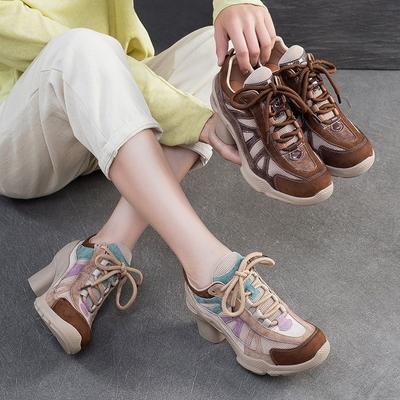 Мода GKTINOO 2025 Осень Новые Модные Дышащие Спортивный Стиль Высокие Каблуки Смешанные Цвета Универсальные Женские Ботинки на Шнуровке