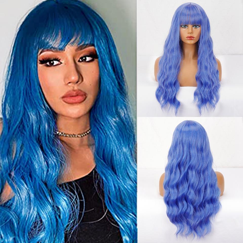 XINRAN Женский длинный волнистый парик с челкой, синтетическое волокно, естественная волна воды, черный длинный парик для повседневной носки, косплей