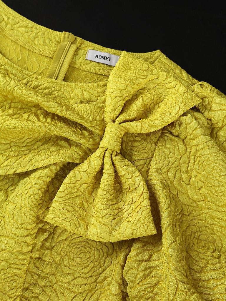 Женское жакардовое платье-футляр с бантом и пышными рукавами для полных, стройнящее, вечернее