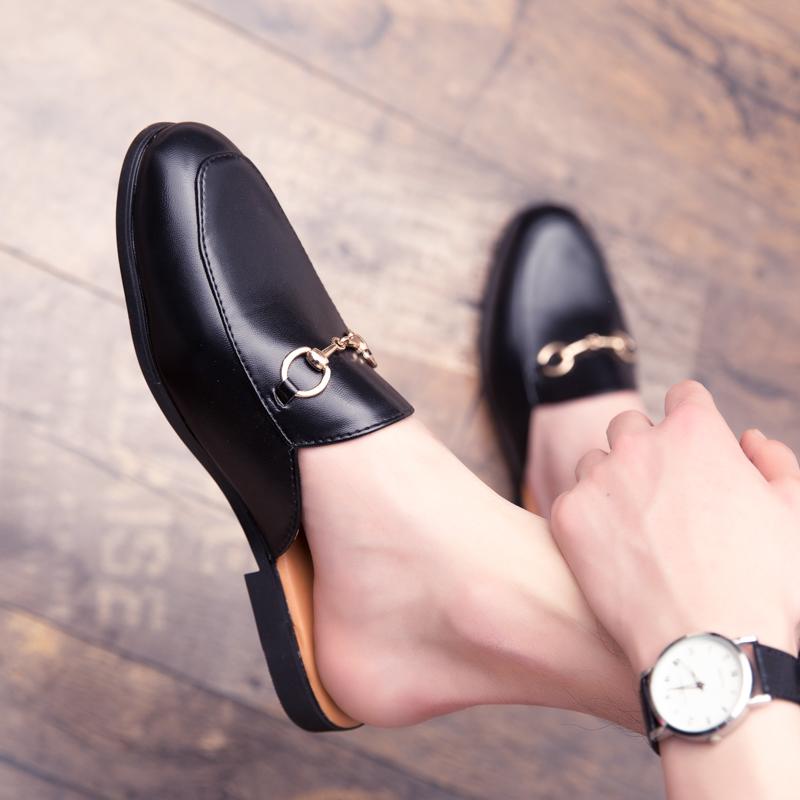 Мода UImmer Пара Полутапочки Мужская обувь Плоский каблук Британская мода Металлическая пряжка Уличные тапочки ПУ Деловые тапочки Размер 36-45