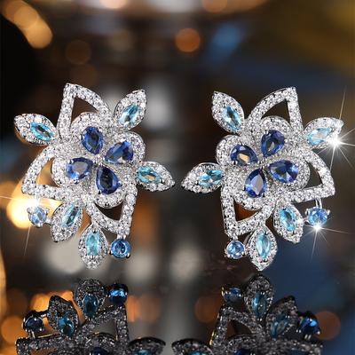 Роскошные серьги-гвоздики с голубым кристаллом и камнем-цветком из циркония для женщин, серебряные свадебные модные украшения