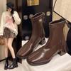 Корейская версия ботильоны на толстом каблуке с квадратным носком женские ботинки осень и зима ботинки Челси французские ретро коричневые кожаные ботинки тонкие ботинки