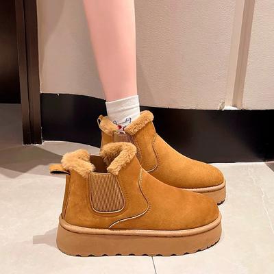 Распродажа женской обуви 2024 года, зимние женские ботинки без застежек, круглый носок, сплошной флок плюс бархат, теплые водонепроницаемые ботинки для снега на платформе