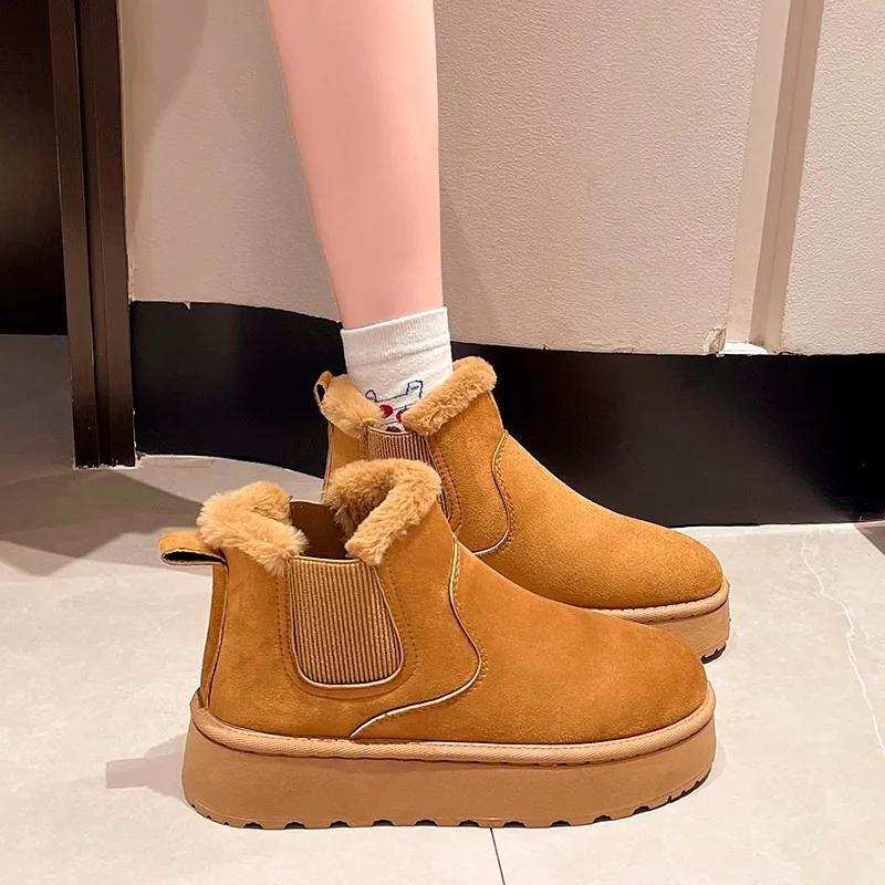 Распродажа женской обуви 2024 года, зимние женские ботинки без застежек, круглый носок, сплошной флок плюс бархат, теплые водонепроницаемые ботинки для снега на платформе