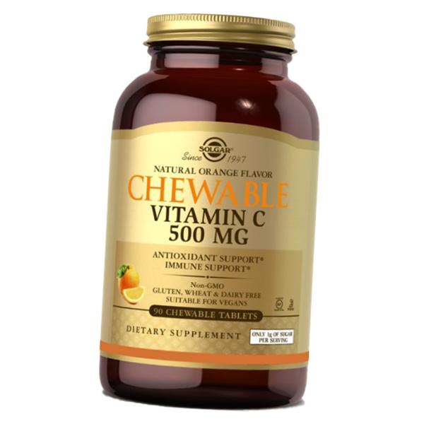 Жевательный Витамин С, Chewable Vitamin C 500, Solgar  90таб Малина-клюква (36313230)