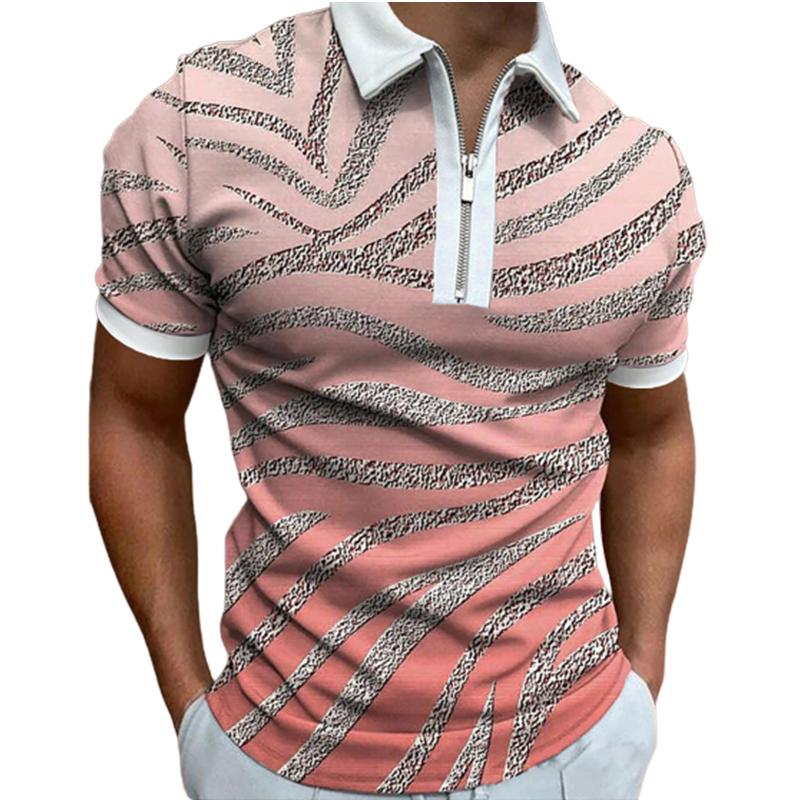 Casual Lapel T-shirt Young Men's Fashion Zipper T-shirt Short Sleeve T-shirt Men's 3D Sea Wave Print T Shirt