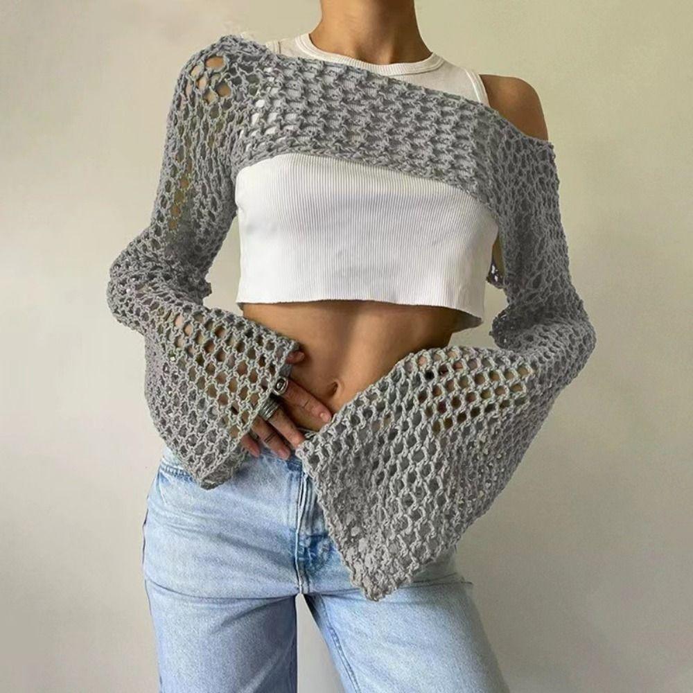 Soft Round Neck Shrug Pullover Y2K Knit Hollow Out Crop Top Women Crochet Crop Top Shopping