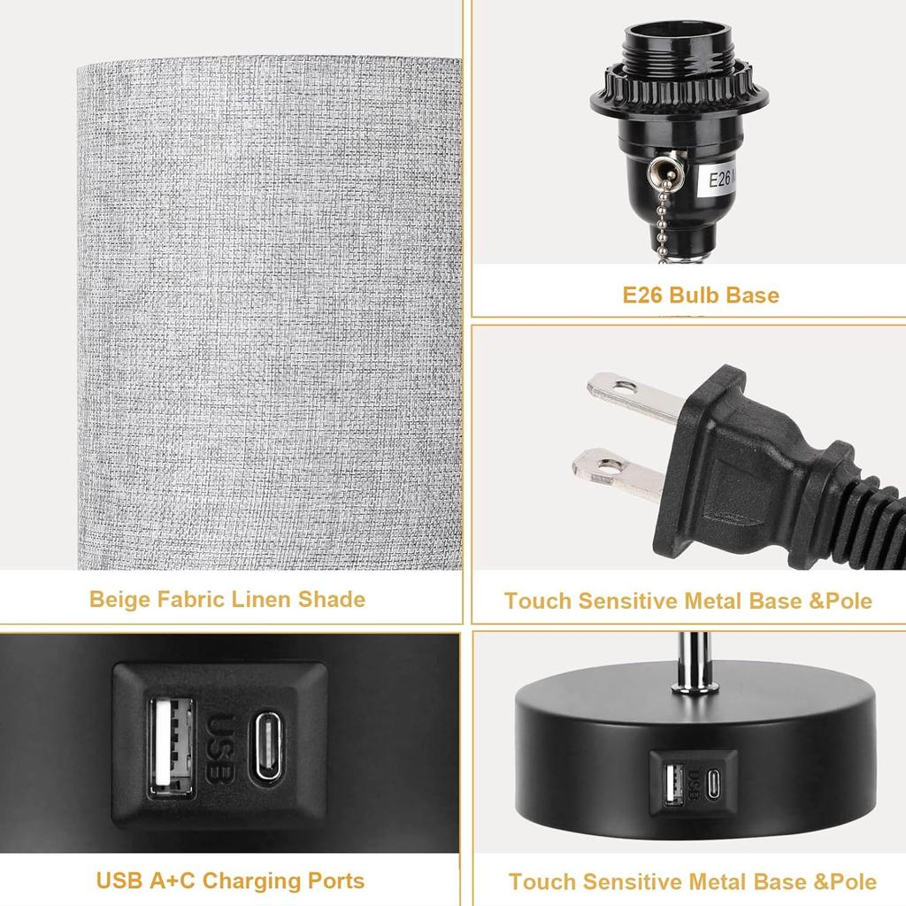 Прикроватная лампа с 3-цветной температурой, прикроватная лампа с портом USB A и портом C, настольная лампа для спальни со светодиодной лампочкой, небольшие лампы для гостиной (Серый)