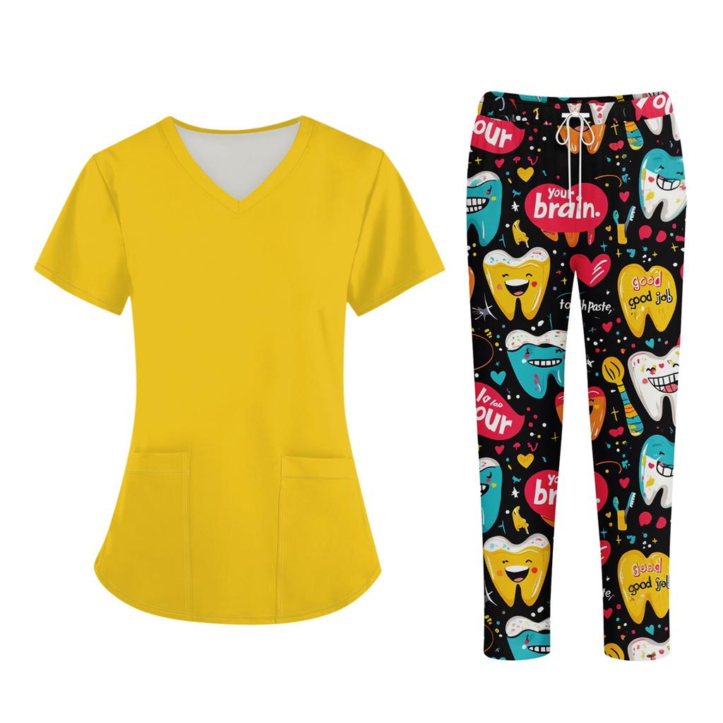 Плюс размерСкраб с принтом Рабочая форма Топы для женщин Крест V-образным вырезом Хэллоуин Принт с короткими рукавами Забавные футболки Спецодежда Футболка с карманами