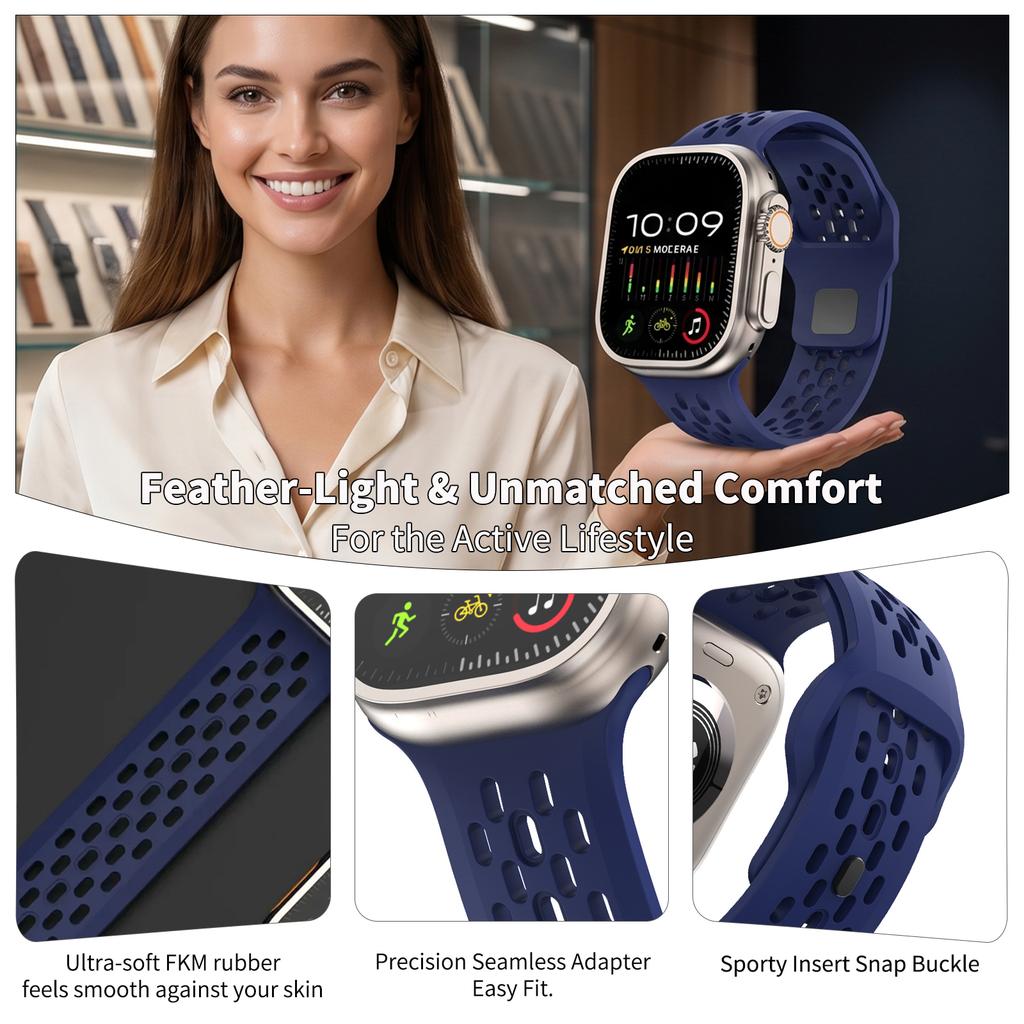 Гипоаллергенный ремешок из фторкаучука Premium Airflow для Apple Watch Ultra 3 2 49 мм Спортивные ремешки для Series 11 10 9 8 7 6 5 и SE