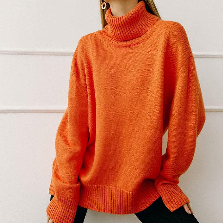 Женский свитер осень-зима свободный полувысокий воротник пуловер длинный рукав однотонный трикотажный топ