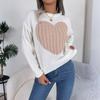Women's Fashionable Round Neck Long Sleeved Heart-shaped Color Blocked Pullover Sweater Casual Top