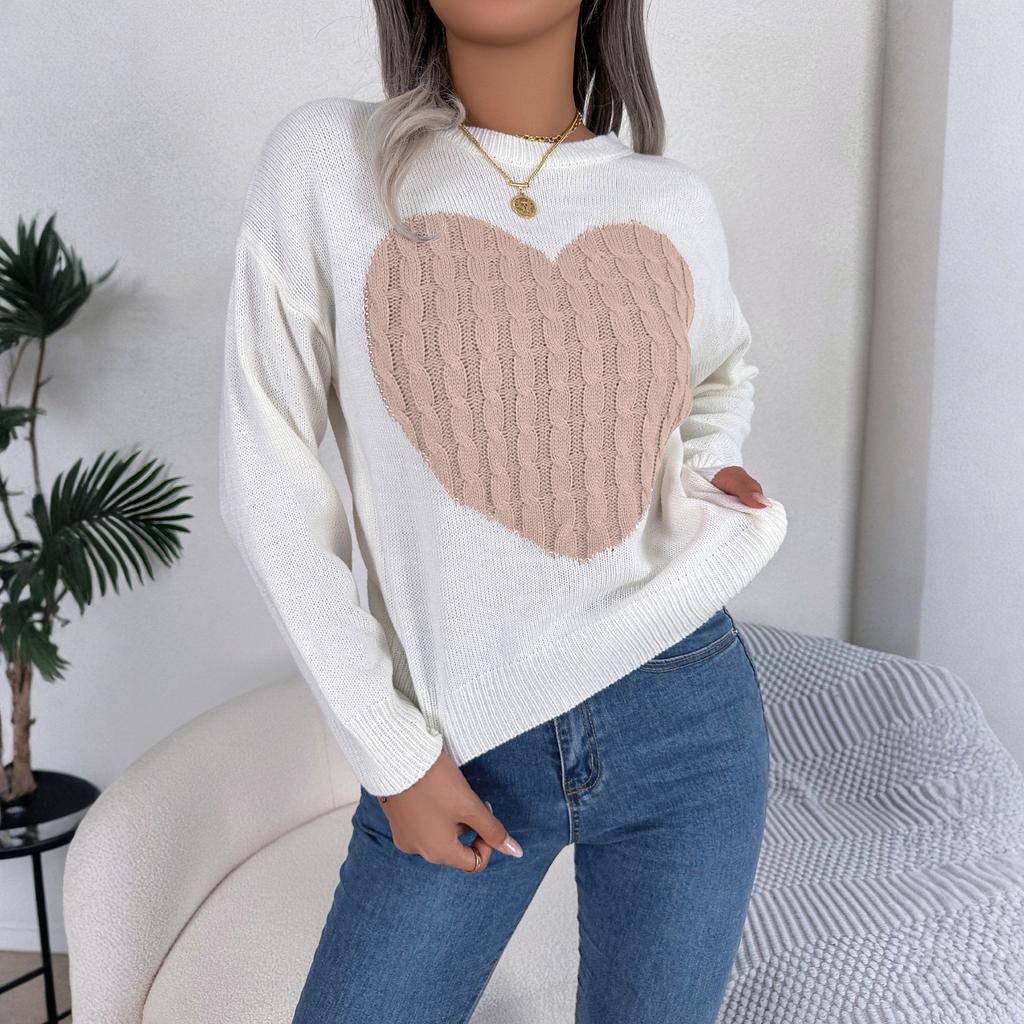Women's Fashionable Round Neck Long Sleeved Heart-shaped Color Blocked Pullover Sweater Casual Top