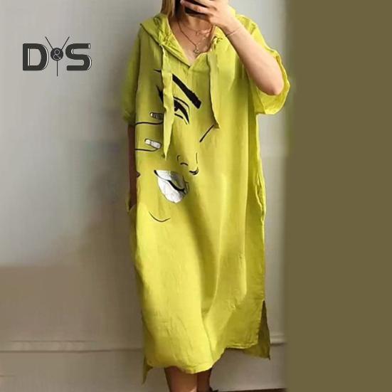 Женское платье с принтом лица, свободное платье с капюшоном и шнурком в богемном стиле с короткими рукавами, городской стиль, пуловер с разрезом по краю и боковым карманом, платье миди длиной до середины икры