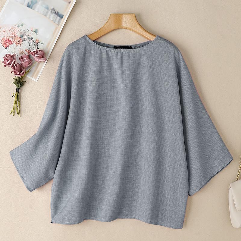 ZANZEA Women Casual Round Neck 3/4 Sleeve Loose Plain Blouse