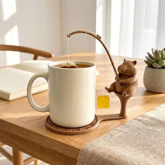 Tea Steep Helper Fishing Friends Bag Holder, Cute Resin Teabag String Keeper, Whimsical Animal Theme Gadget Decor, Fun Kitchen Counter Accessory,