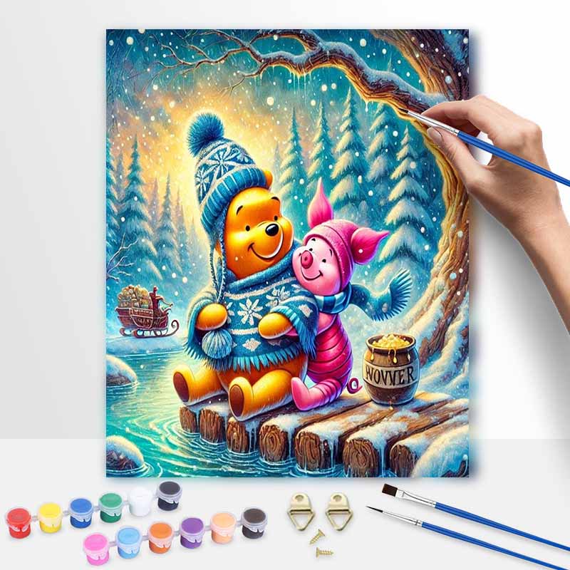 Disney Winter Winnie Piglet Oil Paint Art Painting Kit Home Wall Decor Handmade Gift Holiday Snow Pine Tree Cozy Artwork Craft Supplies