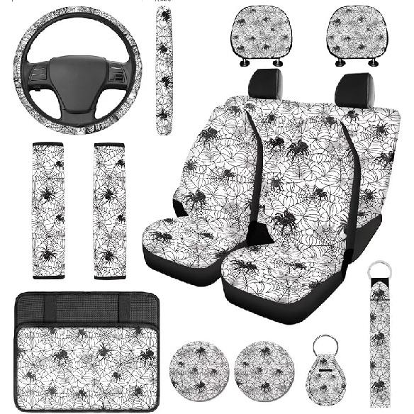 Красные чехлы на сиденья автомобиля с паутиной, с чехлом на рулевое колесо, подушкой для подлокотника, накладками на ремни безопасности, подстаканником с брелоком, универсальный комплект для защиты автомобиля