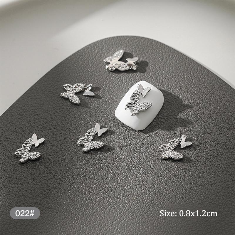 10Pcs Diy Nail Art Decoration 3D Silver Butterfly Shiny Rhinestones Nail Drills For Manicure Design Accessory