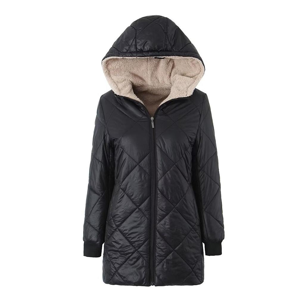 Women's Coat Solid Color Lambfleece Glossy Geometric Check Hooded Zipper Mid-length Cotton Jacket