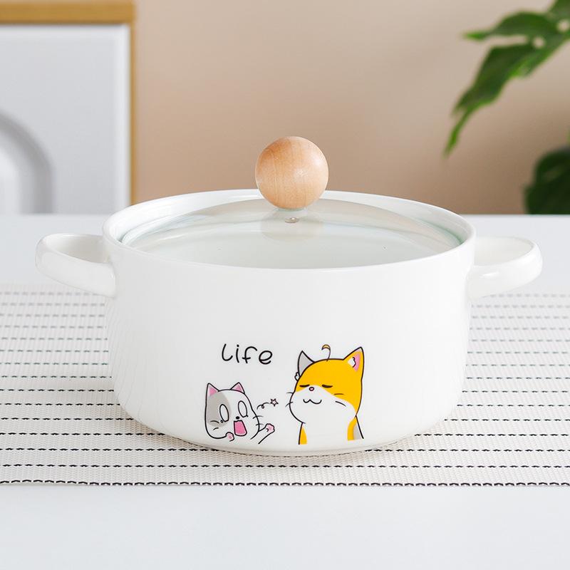 Креативная бинауральная керамическая миска для лапши быстрого приготовления с крышкой Большая суповая миска Домашний суповой таз Одинарная студенческая общежитская рисовая миска Салатник