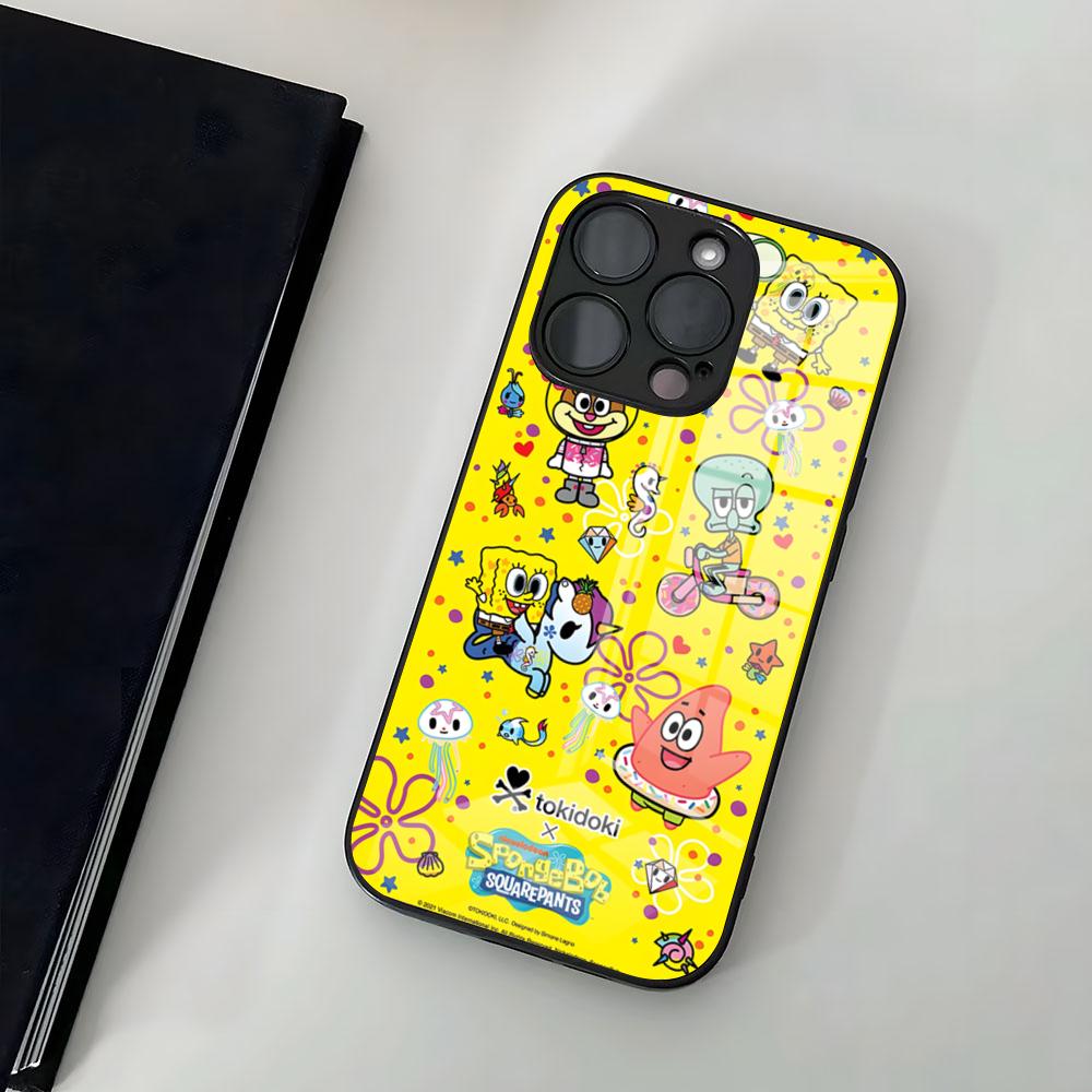 Мультяшный чехол для телефона Губка Боб Для IPhone 17 Air 16 15 14 Pro 13 11 12 XR XS ProMAX 7 8 Plus Стеклянная крышка
