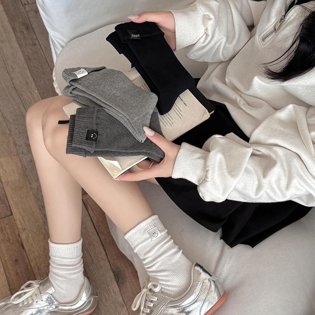 Женские гольфы до середины икры с отворотом и смайликом - Корейский стиль, Европейский тренд, Осень-Зима, Простой дизайн