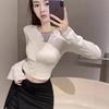Pure desire sweet hottie retro chic personalized hot diamond sexy female slim long sleeve T-shirt black short open button top