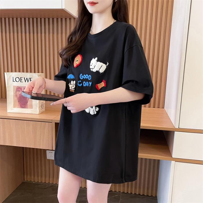 Large size women's clothing, foreign style, summer fashion embroidery, loose cartoon t-shirt, short-sleeved women's