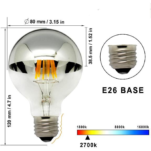 LUXON Half Chrome Light Bulbs,Dimmable,LED Edison Bulbs,Silver Dipped Anti Glare Bulb,Mirror 6W (60W Equivalent) G80/G25 Globe Decorative Light