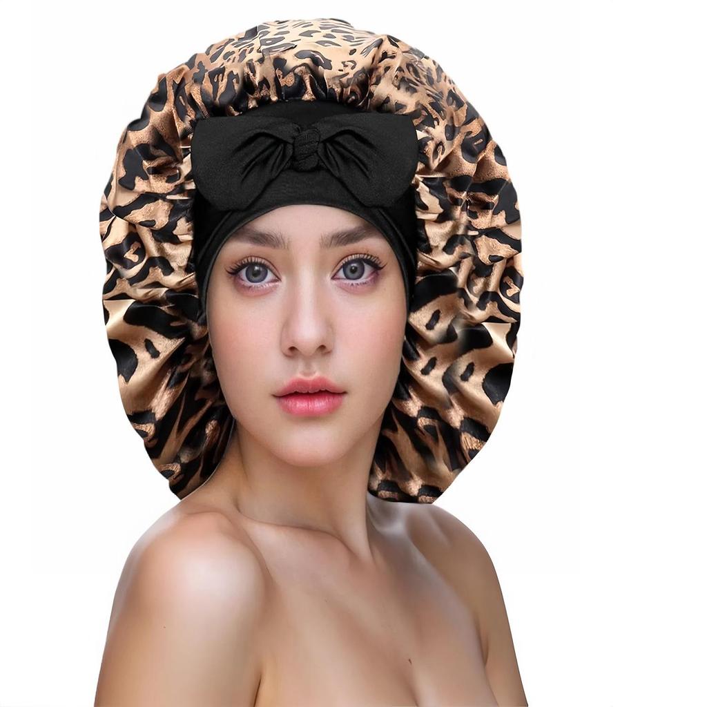 High Elastic Satin Nightcap with Wide Brim & Bow for Salon Hair Care