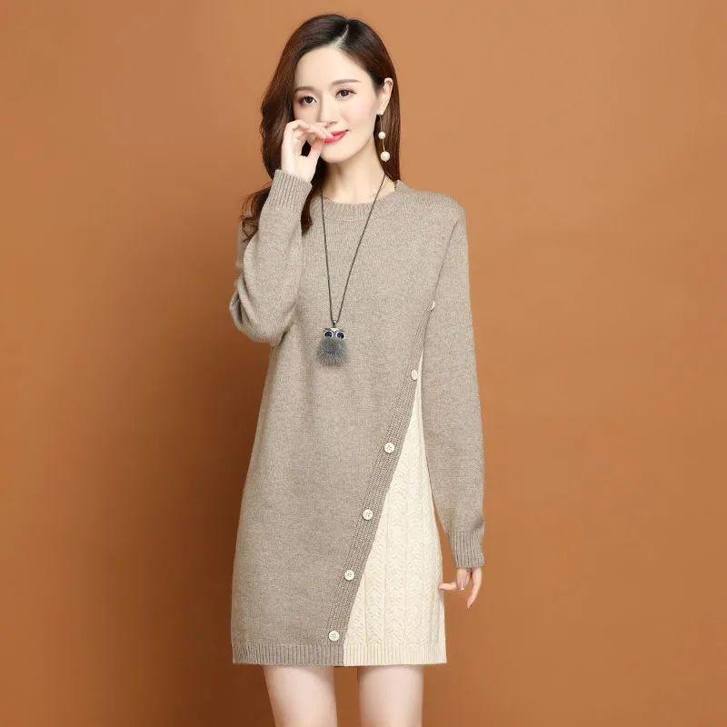 Трикотаж, пуловер, женский свитер средней длины, универсальный свитер с круглым вырезом, осенне-зимний новый вязаный свитер