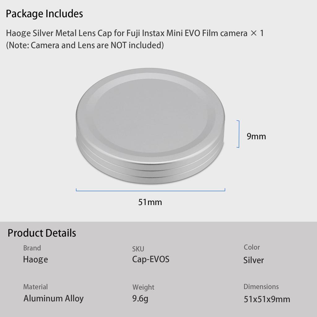 Haoge Металлическая крышка объектива Fujifilm Instax Mini Evo Аксессуары для пленочной фотокамеры Крышка объектива серебристая,