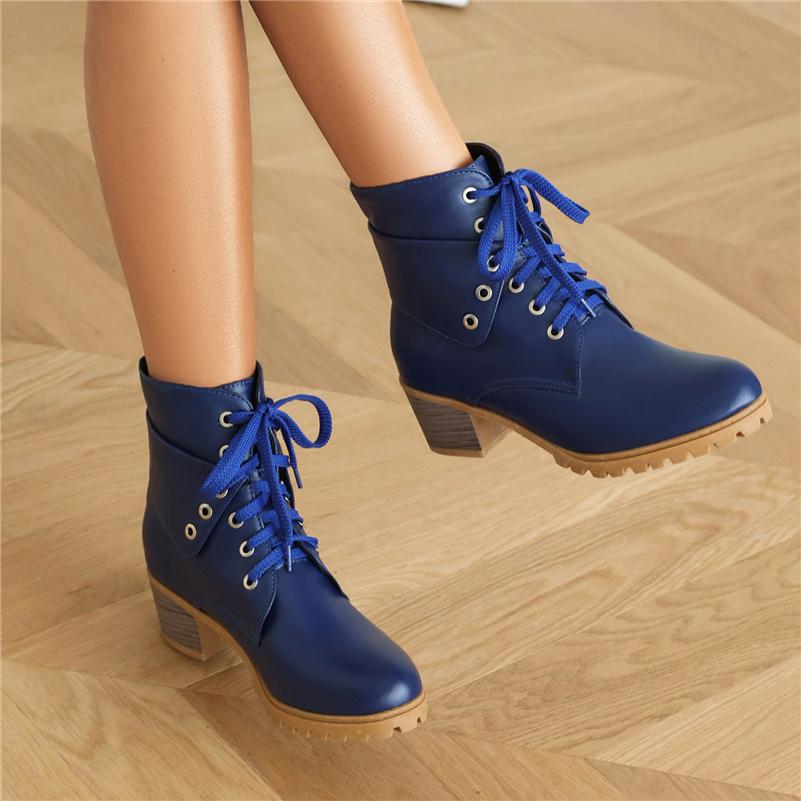 FOREADA Women Ankle Short Boots Round Toe Thick Mid Heels Lace-up Combat Boots Ladies Fashion Shoes Winter Black Blue Camel 43