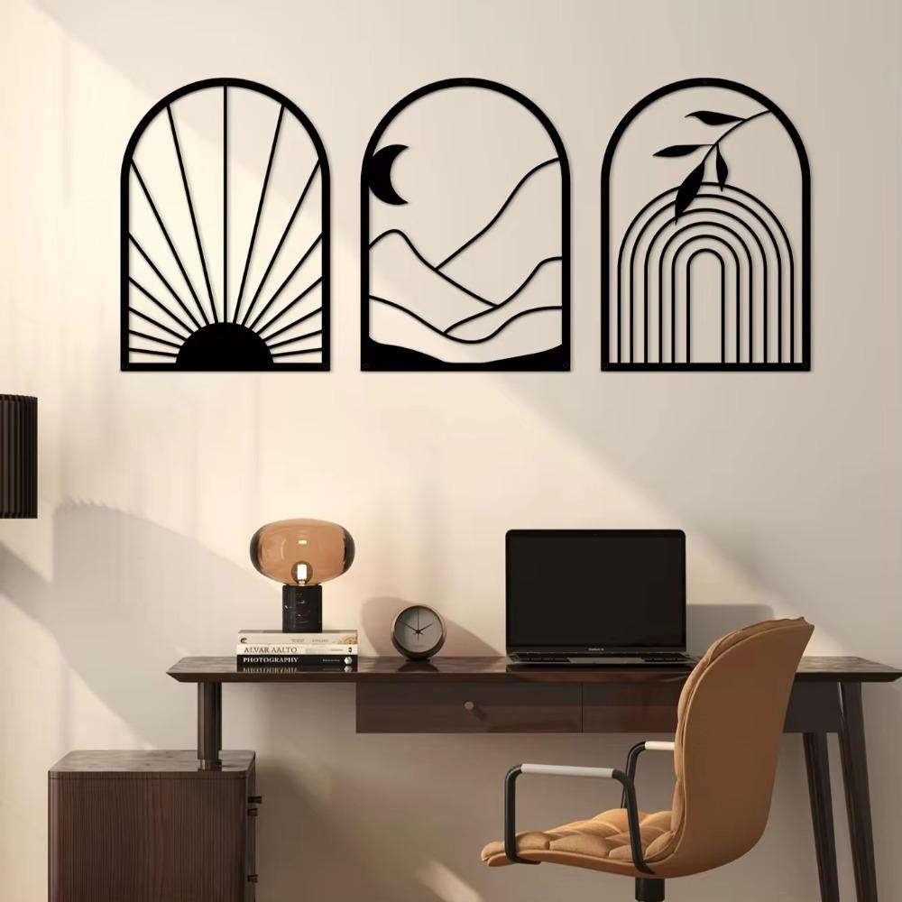 3 шт./комплект Бохо черный металлический настенный декор - минималистичное черное настенное искусство, бохо линейный железный художественный силуэт настенная наклейка