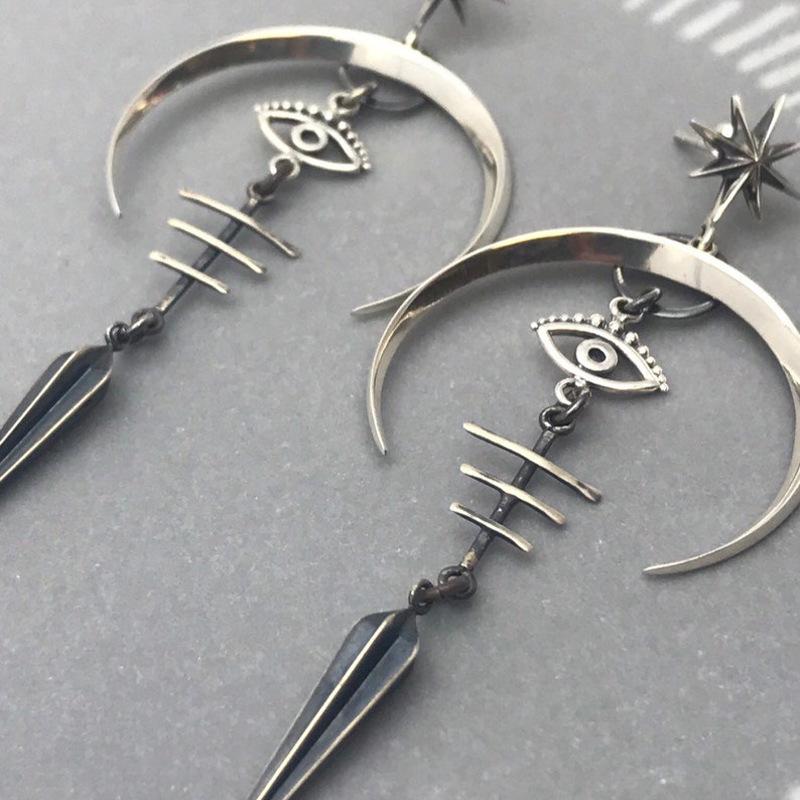 Gothic Devil's Eye Punk Earrings Halloween Accessories Ancient Silver Moon Metal Long Earrings