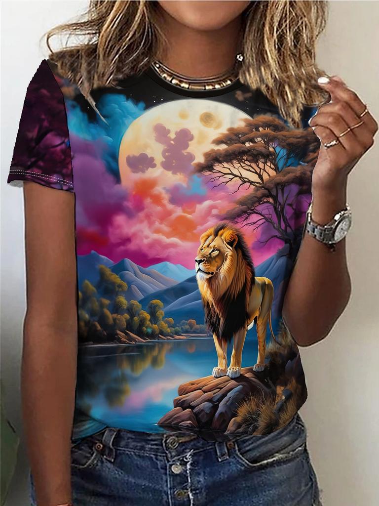 Women's Moon Lion Printed T-shirt, Round Neck Casual Short Sleeve Top, Spring/Summer Clothing