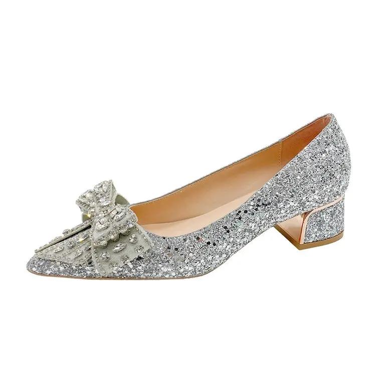 Shiny Crystal Bowknot Pumps Women 2024 New Thick Heels Rhinestone Wedding Party Shoes Woman Gold Silver Sequin Pointed Toe Pumps