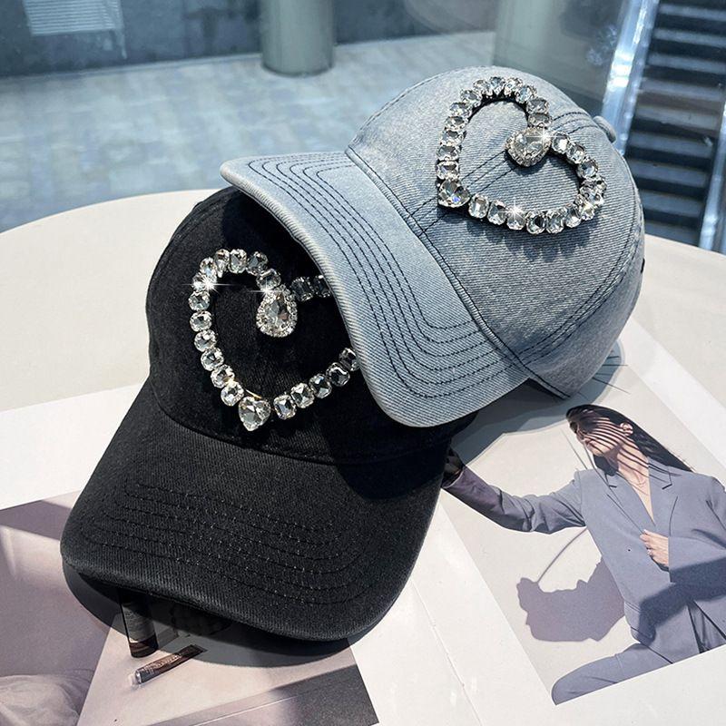 New Washed Denim Baseball Cap Women's Spring and Autumn Korean Version Fashion Love Rhinestone Cap