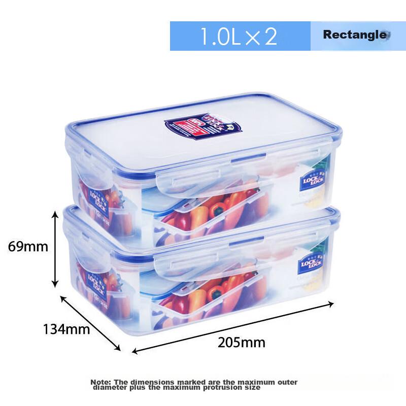 LOCK&LOCK Plastic Food Storage Containers, Large Capacity Lunch Boxes, Meal Containers, Snack Boxes, Refrigerator Storage Containers, 1L*2