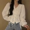 Fashion A-Line Women Blouse V-Neck Drawstring Waist Long Sleeve Shirt Lady Elegant Spring Tops
