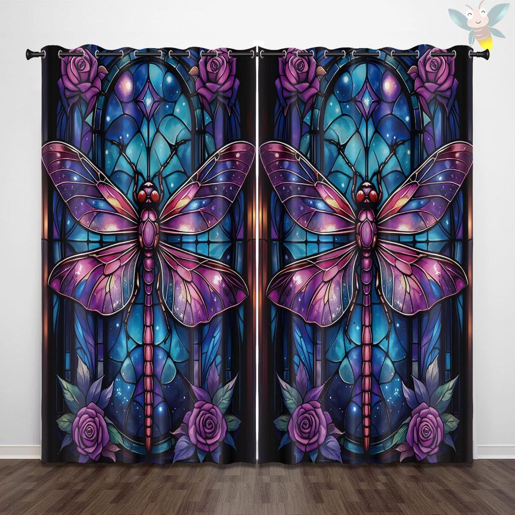 Dragonfly Pattern Glass Painted Blackout Curtains - Thickened Polyester, High Precision Sun Protection