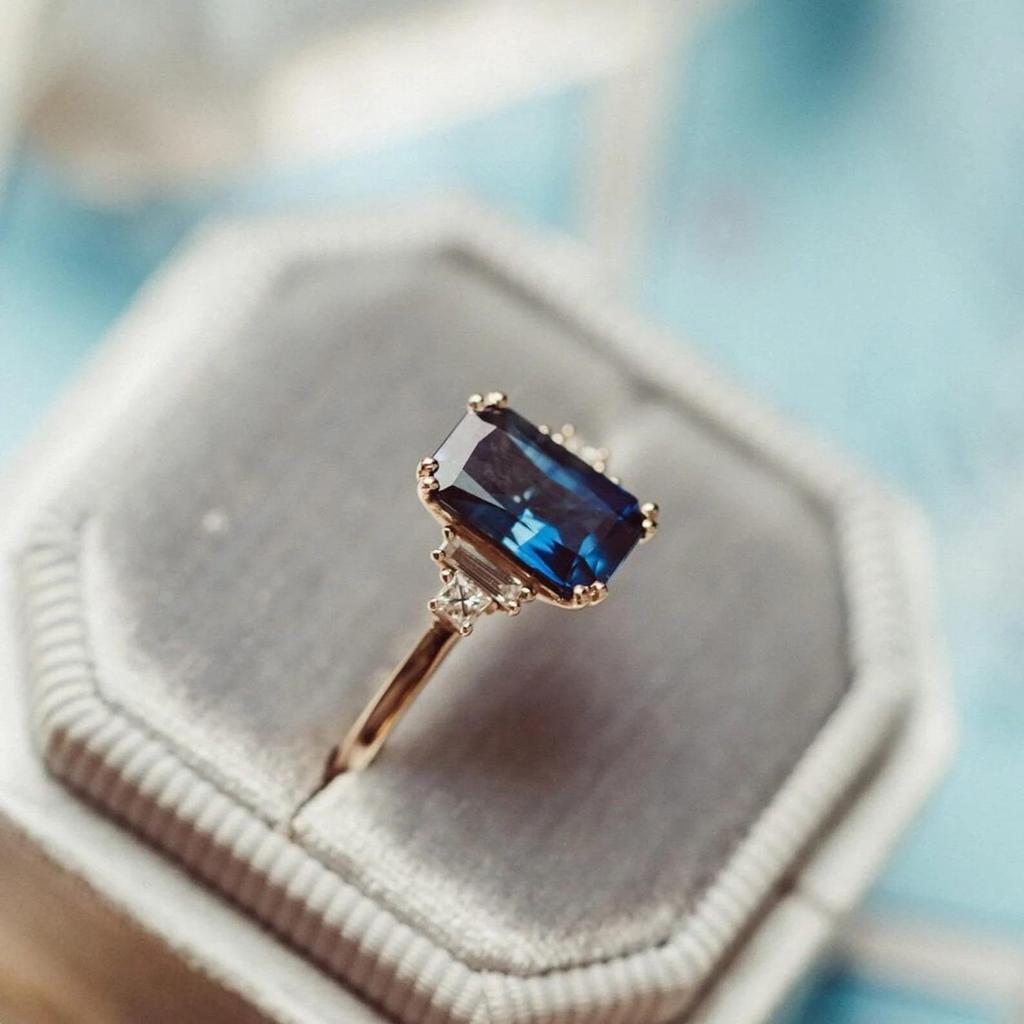 Emerald Cut Sapphire Engagement Ring: Baguette CZ Diamond Silver Bridal Ring: 925 Sterling Silver Ring: Art Deco Bridal Wedding Jewelry Gift