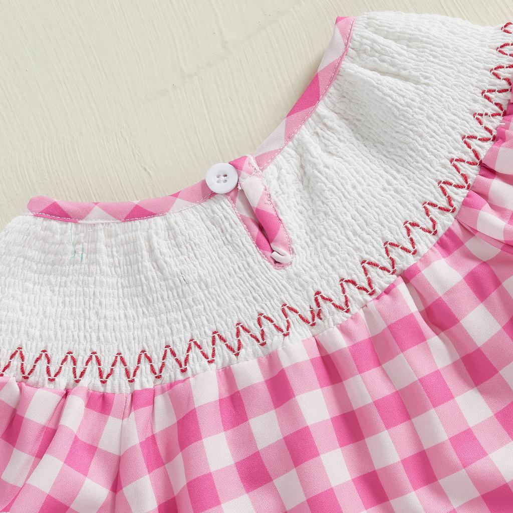 Детский повседневный комбинезон в клетку с вышитым кроликом, летний комбинезон с рукавами-крылышками для новорожденных малышей, милая одежда