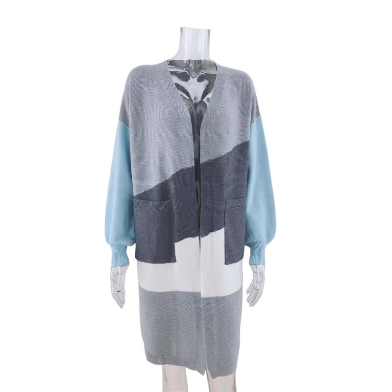 IHUASU Women's Autumn and Winter Models Commuter Large Size Splicing Striped Knitted Cardigan Long Loose Jumper