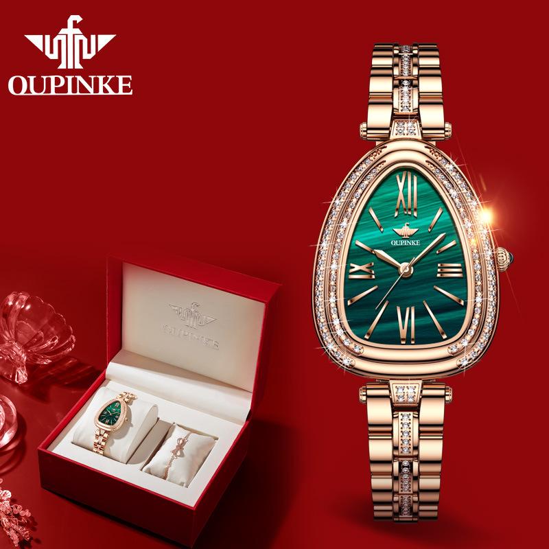 OUPINKE Новые женские часы для бизнеса и отдыха, бренд Tide, инкрустированный бриллиантами змеевидный циферблат, водонепроницаемые кварцевые часы высокого класса