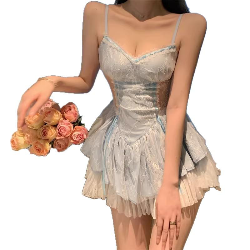 Элегантное французское платье-камзол: Женский летний шик с дизайном из чистой сетки и пышной короткой юбкой