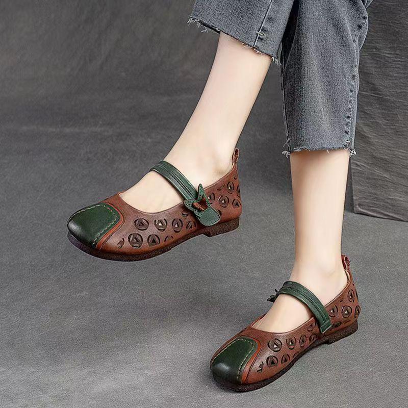 Обувь для женщин 2024 года, элегантная женская летняя обувь на низком каблуке с круглым носком, обычная кожа, повседневная, удобная, стильная, предложение EA