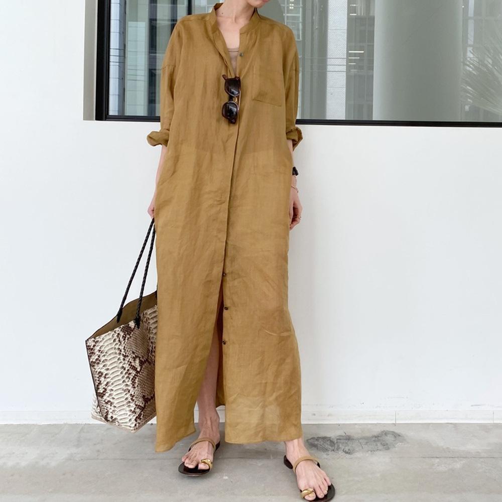 Women Korean Style Long Sleeve Solid Shirt Dress Loose Maxi Dresses Vintage Cotton Linen Robe Femme