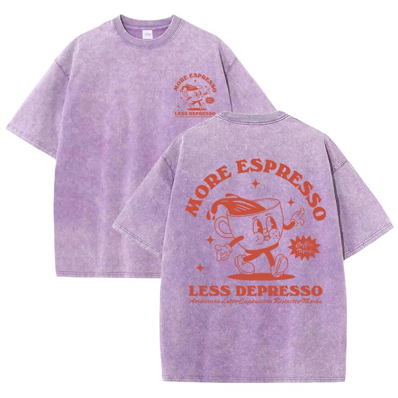 More Espresso Less Depresso Letter Cup Drink Print Washed Womens Tee Shirt Cotton T-Shirts New Breathable Clothes All-Match Top